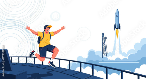 Man celebrates successful rocket launch symbolizing innovation and progress in space exploration