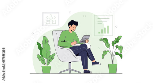 Man calculating financial data, isolated vector illustration in a comfortable workspace setting