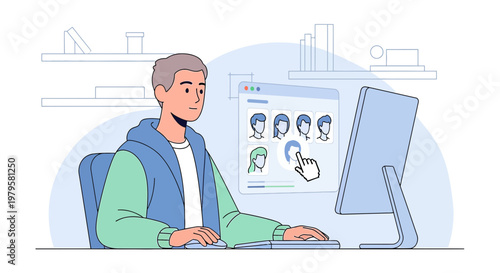 Man chooses online avatars on his computer screen for his social media presence profile