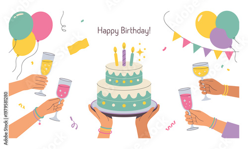 Festive birthday celebration scene with hands toasting champagne glasses and holding a two tier cake with candles birthday celebration champagne confetti together friendship colorful greeting