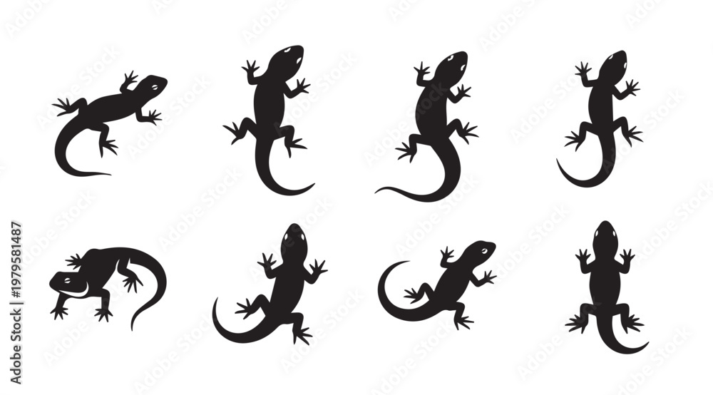 Naklejka premium Gecko Silhouettes Collection in Various Poses Against a White Background