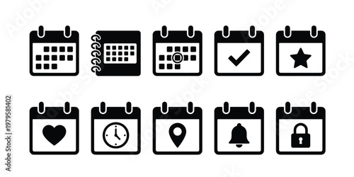 Minimalist calendar icon set, black flat vector schedule symbols, 10 planning and appointment icons for business interface design