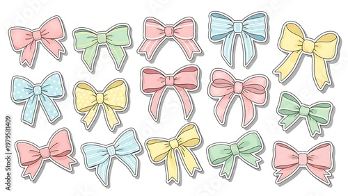 Collection of stylish hand-drawn bows in various pastel colors and designs