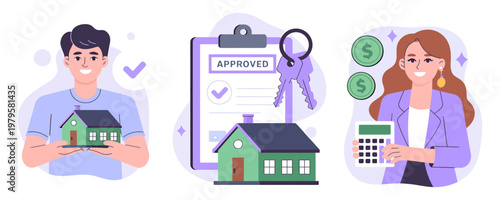 Real estate loan approval with family and calculator loan application approval mortgage property calculator approved document clipboard investment agreement contract business planning