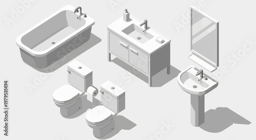 Isometric illustration of bathroom fixtures including a bathtub, sink, toilets, and pedestal sink with mirrors on a clean white background.