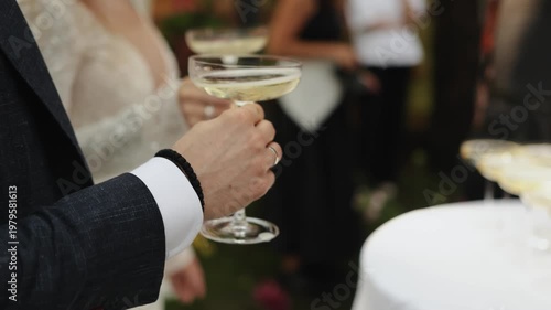 Closeup Hands Holding Champagne Coupe Wedding, Groom In Suit Toasting Bride In Lace Gown, Blurred Guests