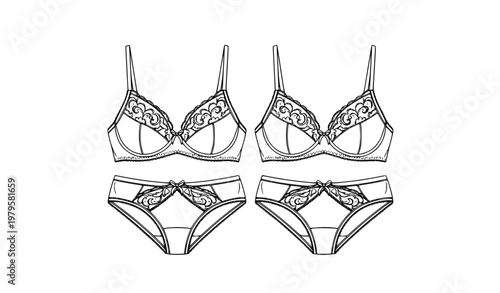 Black and white elegant bra and panty lingerie set vector with lace fashion design