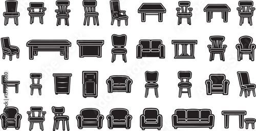 Collection of various furniture icons in black and white