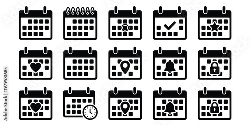 Εκτύπωση καμβά Calendar icon set with 15 black vector elements, schedule and appointment planni