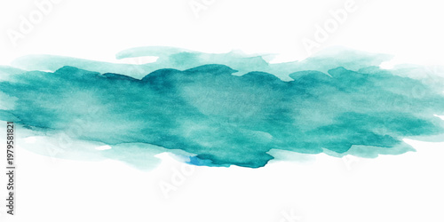 Abstract watercolor background of a blue sky and clouds over a summer ocean landscape with sunlight reflecting on the nature of the sea waves and horizon