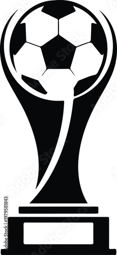 Clean vector sports emblem design with football trophy icon and elegant pedestal base in simple monochrome branding style illustration