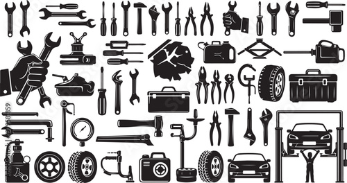 Collection of various tools and automotive equipment icons