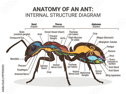 Detailed internal anatomy diagram of an ant, showcasing its vital organs and structures