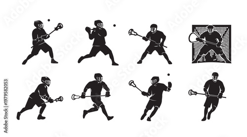 Lacrosse Players in Action Silhouettes with Goal Net and Ball