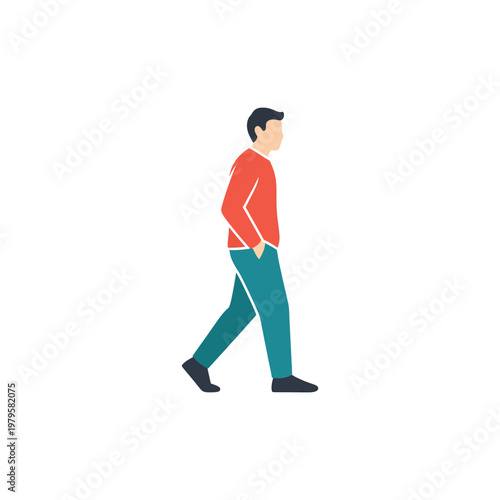 flat semi-flat vector icon of person walking relaxed with hands in pockets, solid colors, no outline, white background