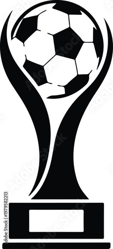 Clean vector sports emblem design with football trophy icon and elegant pedestal base in simple monochrome branding style illustration