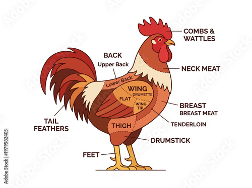 Diagram illustrating the different cuts of meat from a chicken rooster with labeled sections for easy identification