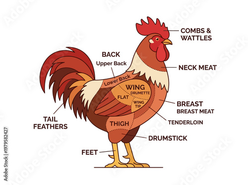 Diagram illustrating the different cuts and parts of a chicken carcass, with labels for each section like breast, thigh, and wing