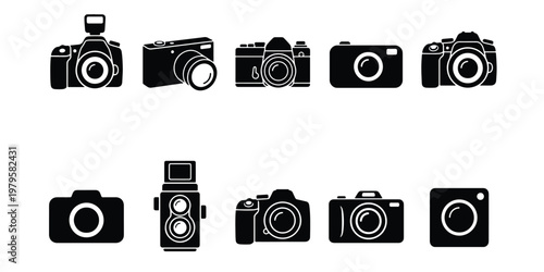 Vintage and modern camera icons set, 10 black silhouette photography equipment vectors, professional digital dslr and retro film camera collection