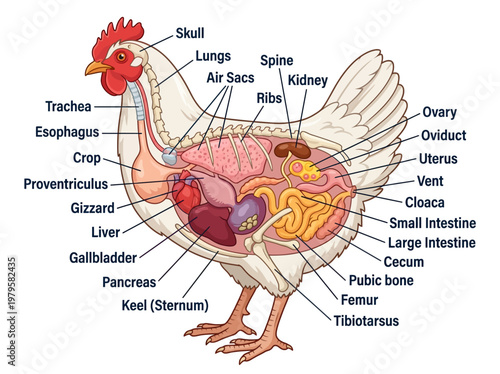 Anatomical illustration of a chicken, detailing its internal organs and skeletal structure