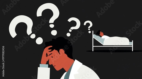 Illustration of a male doctor in a white coat with a pensive expression, surrounded by question marks, while a patient lies in bed in the background
