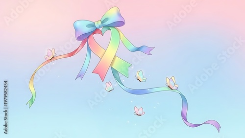 Whimsical ribbon bow with butterflies floating in a dreamy pastel sky