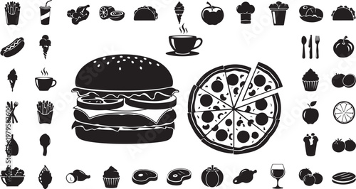 Food icons and symbols in black and white illustration