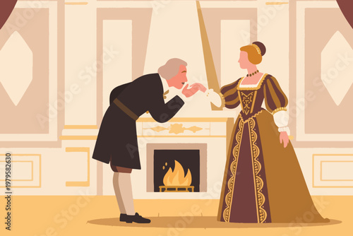 Two figures in ornate historical clothing, one bowing and kissing hand in elegant room with fireplace, vector illustration.