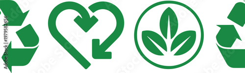 Clean green vector emblem featuring interconnected arrows and leaf icon symbolizing environmental care renewal and organic growth concept