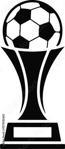 Clean vector sports emblem design with football trophy icon and elegant pedestal base in simple monochrome branding style illustration