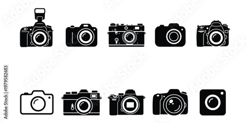 Minimalist camera icon set, professional photography equipment symbols, black and white digital and film camera vector illustrations, 10 icons