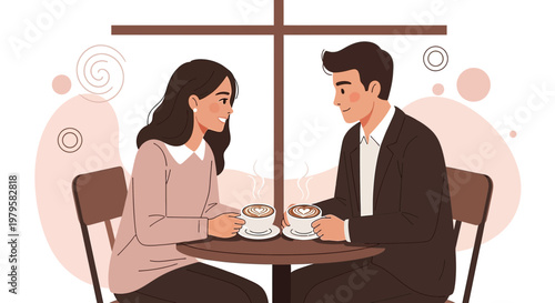Couple enjoying coffee date in cafe, romantic illustration, love and connection
