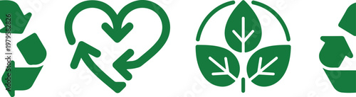 Clean green vector emblem featuring interconnected arrows and leaf icon symbolizing environmental care renewal and organic growth concept