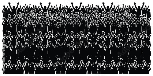 Cheering crowd silhouette vector, large audience of people with raised hands, black and white stadium fans at concert or sports event