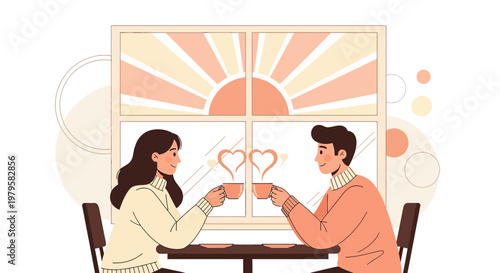 Couple enjoying coffee date with heart steam, romantic illustration