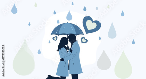 Couple Embracing Under Umbrella in Rain with Hearts - Love and Romance