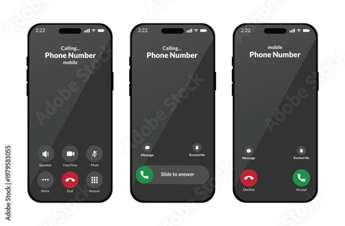 Three mobile phone screen interface mockups showing incoming and outgoing call screens on dark background