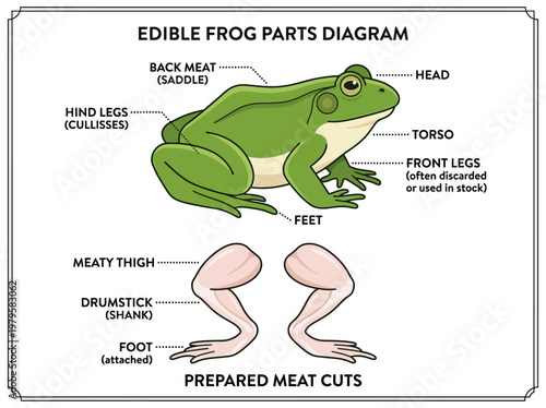 Diagram illustrating the anatomical parts of an edible frog and its prepared meat cuts