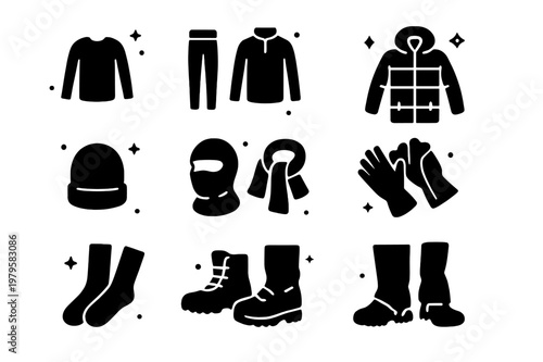 Cold Weather Gear Icons. Cold weather clothing layers. Solid icons set of Cold weather clothing layers: base layer top, base layer leggings, midlayer fleece,