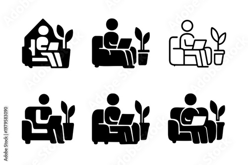 Laptop Couch Logos. Working with a laptop on the couch. Icon set. Set Logo of working with a laptop on the couch: home office setup with sofa and plant.
