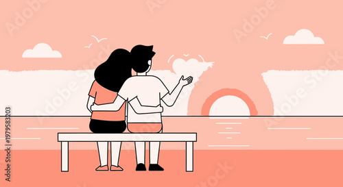Couple Embracing Watching Sunset Over Ocean, Romantic Love Illustration
