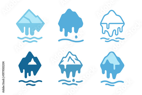 Melting Glaciers Icons. Melting glaciers. Icon set. Set Logo of melting glaciers: global warming ice symbol. harmonious logo variations of the same emblematic