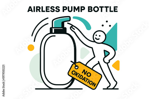 Dynamic Airless Bottle. Airless Pump Bottle. A minimalist oval bottle rises with a tidy pump click; a tag reads ?No Oxidation.? Motion lines swoop as product