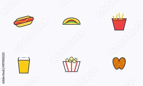 Hand-drawn collection of concession stand foods like hot dog taco fries beer popcorn and soft pretzel authentic illustration