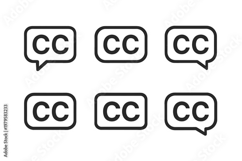 Closed Caption Icons. Audience Accessibility. Set Logo of Closed Caption Icon: Minimal outline, Negative space, Flat solid, Symmetrical form, Stylized detail,