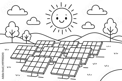 Smiling Sun Solar Farm. Solar farm children?s coloring book illustration, outlined drawing, a field of solar panels facing a big smiling sun with hills and