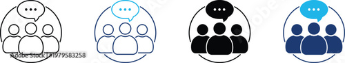 Public consultation icon showing professional stakeholder feedback and collective community dialogue. Professional illustration for government policy surveys, and corporate town hall meetings.