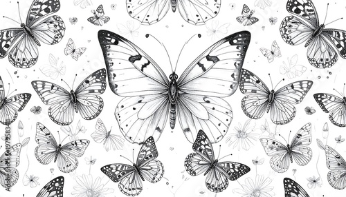 Elegant monochrome butterfly artwork with intricate details and patterns.