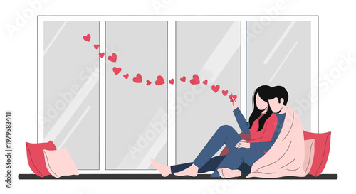 Couple Embracing with Hearts Floating, Love and Romance Illustration