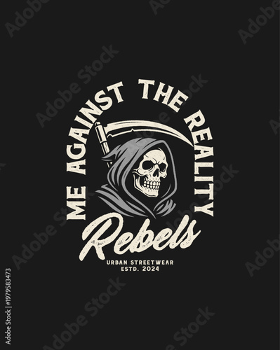 Grim Reaper Skull With Scythe and Rebels Text.